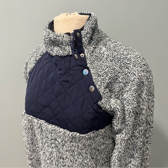 Grey & Navy Blue Color Block Stand Collar Snaps Long Sleeve Fuzzy Pullover Med - Picture 2 of 6